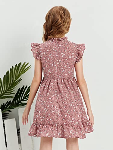 Romwe Girl's Floral Print Cap Sleeve Mock Neck A Line Ruffle Summer Short Dress Disty Pink 7Y #TOP1