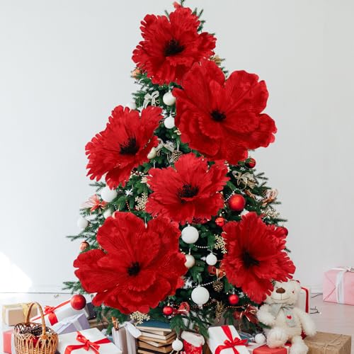Janinka 6個 特大クリスマスフラワー マグノリア 造花 22インチ 12インチ 大型 巨大 クリスマス 人工ポインセチア クリスマスツリーデコレーション クリスマスツリーリース ガーランドホリデー用 (レッド) [5]
