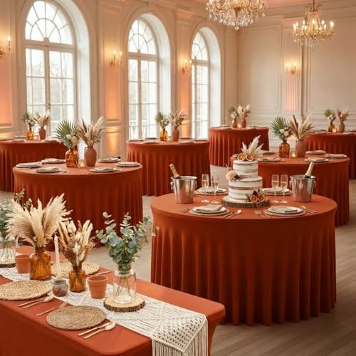 Image of HolidayIdeas 6 Pack Spandex Table Skirts for 60 Inch Round Table, Fitted Ruffle Tablecloth, Wrinkle Resistant for Outdoor Reception, Bridal Shower Cake Table, Rust