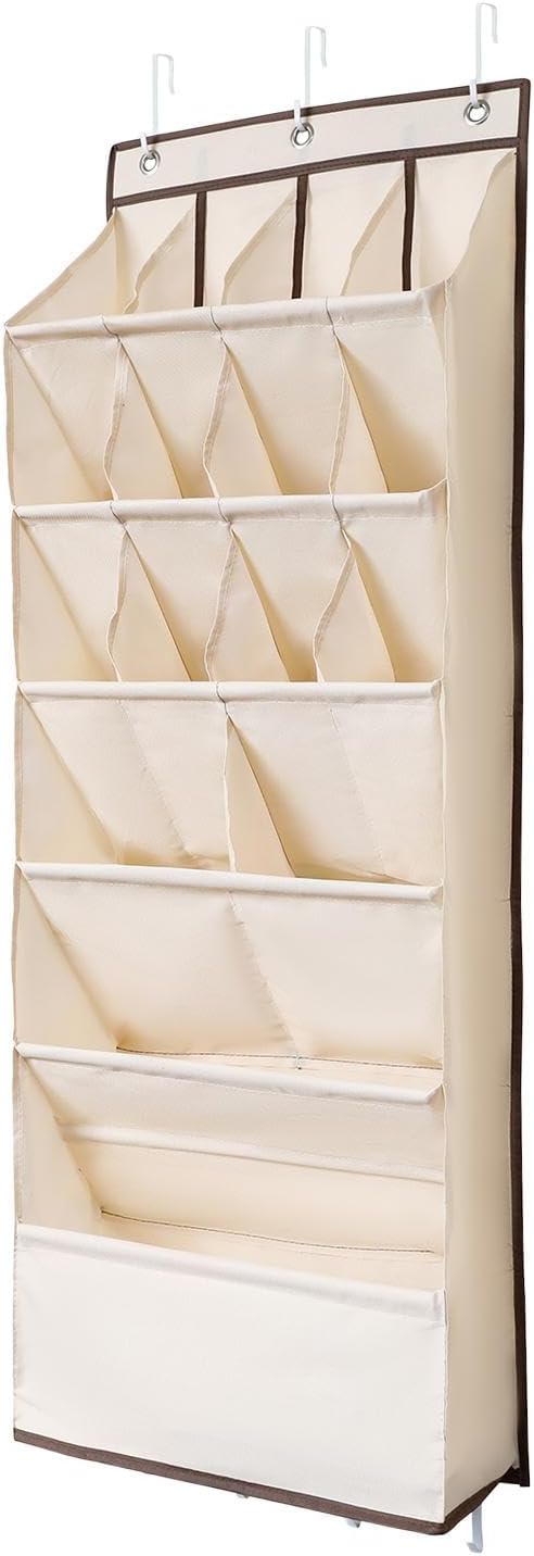 Qianly Deep Pockets Door Shoe Rack Narrow Door Shoe Rack for Men Women Kids Resuable Multipurpose Hanging Shoe Organizer for Hats Crafts Clothing, Beige 16 grids