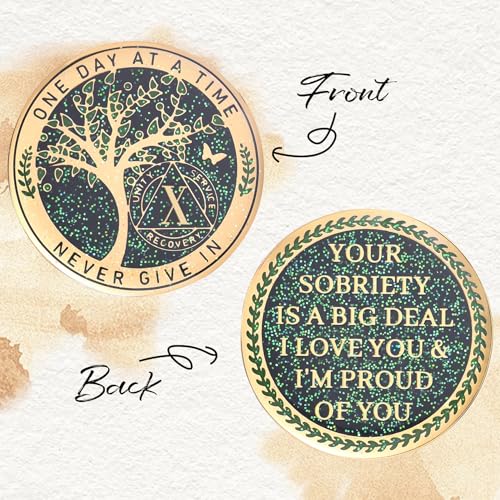 Image of LParkin 10 Year Sobriety Coin, Tree of Life Sobriety Coin, 10 Year AA Coin, Sobriety Gifts for Men and Women, 10 Year Sober Anniversary Token, Alcoholics Anonymous Medallion