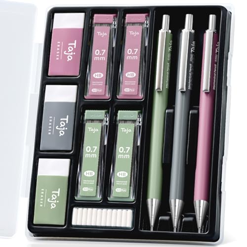 Taja Aesthetic 0.7mm Mechanical Pencil Set with Case &ndash; 3 Vintage Mechanical Pencils, 4 Tubes HB...