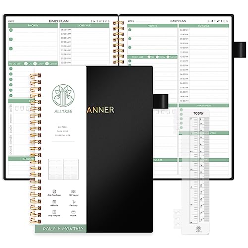 Daily Planner Undated, Daily To Do List Planner Notebook With Spiral Binding, Alltree Daiy Goals Notebook, Habit Tracker, Business Tool For Professionals, Teacher, Student, Pocket, Pen Loop, Black, 5.5"X8.5" #TOP11