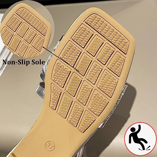 Women's Rhinestones Square Toe Open Toe Flat Slippers,Slip On Flat Sandals In Sparkling Crystals,Fashionable Sparkling Glitter Ankle Strap Low Heel Casual Beach Flip Flops (9,Gold) #TOP4