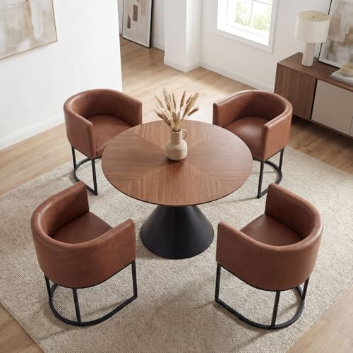Image of HNY Mid Century Modern Upholstered Barrel Dining Chairs with Arms Set of 4, Leather Kitchen & Dining Room Chairs, 18.5 inch Wide Accent Chairs for Dining Room Living Room with Black Metal Frame, Brown