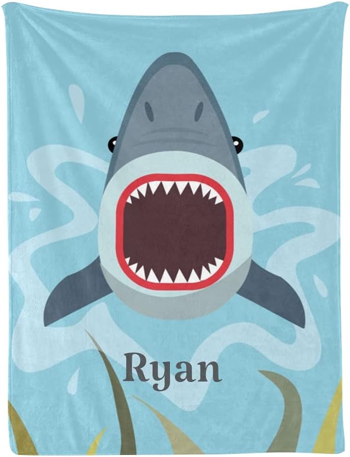 Shark Underwater Personalized Receiving Baby Blankets for Girls Boys Kids with Name,Customized Swaddle Blankets Gift for Newborn Crib Infants 30x40 Inches