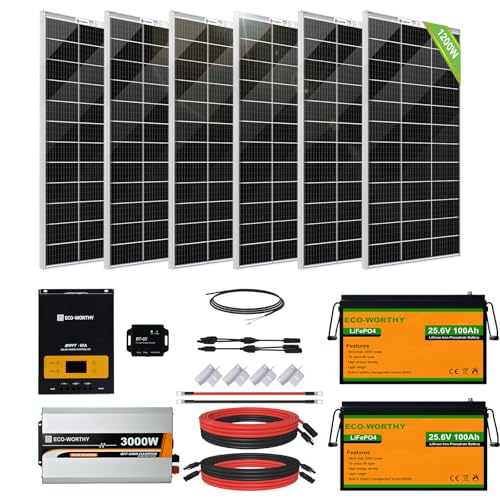 [Pro] ECO-WORTHY 1200W 24V 5.5KWH Lithium Battery Solar System Pro Off Grid: 6pcs 195W Bifacial Solar Panels+2Pcs 25.6V 100Ah Lithium Battery+60A MPPT Charge Controller+3000W Pure Sine Wave Inverter