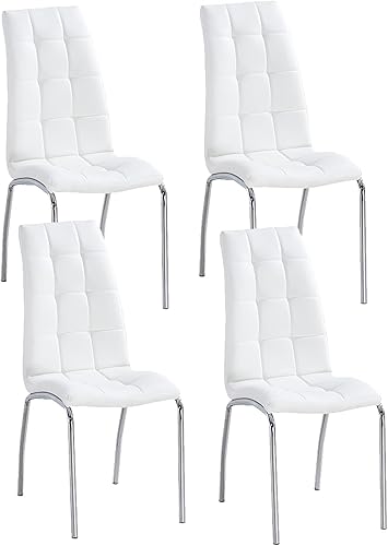 Juego de 4 sillas de comedor de piel sintética, modernas sillas de comedor blancas con patas de metal plateado y respaldo ergonómico, sillas de