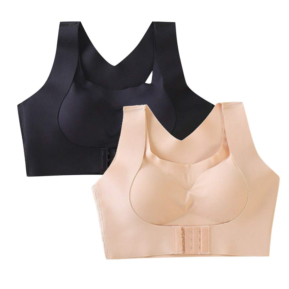 2 Pcs Seamless Front Buckle Support Bra,2-in-1 Womens Full Coverage Front Closure Wire Free Back Support Posture Bra (A,M)