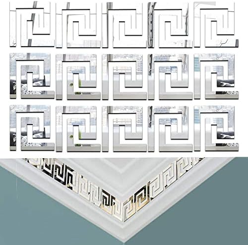 Lubise 32Pcs Siliver DIY Mirror Stickers Removable Adhensive Wall Stickers Decals for Home Art Room Bedroom Background Decoration (Geometric Greek Key Pattern)
