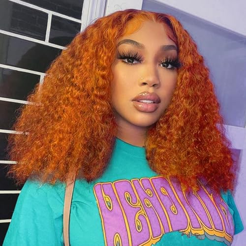 Image of SOEZ 14 Inch Ginger Bob Wig Human Hair 13x4 HD Deep Wave Lace Front Wigs Human Hair 350 Burnt Orange Short Curly Bob Wig Copper Water Wave Human Hair Wig 180% Density Wet Wavy Colored Wig for Women