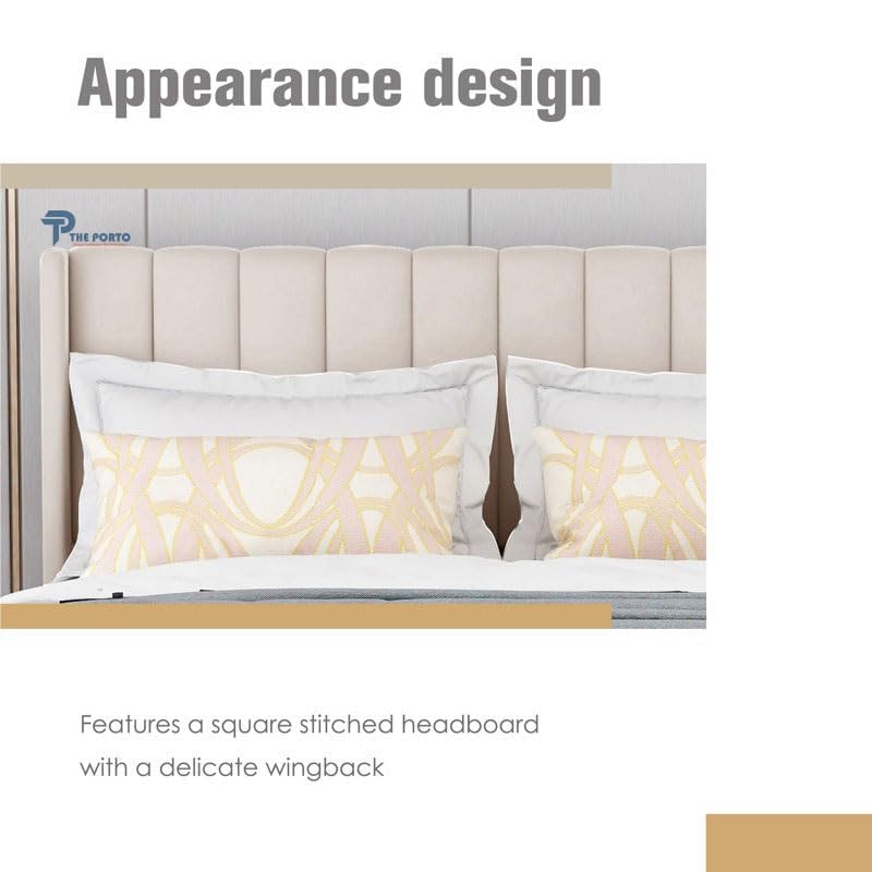 Image of Solid Wood Upholstered Single Bed for Bedroom Without Storage | Premium Fabric with Wingback Headboard | Wooden Single Bed Palang for Home | Stylish Single Cot Bed | 6 x 4 Ft, Cream