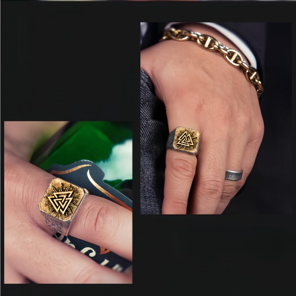 Zweifarbiger Wikinger-Valknus-Ring aus 925er-Sterlingsilber, DREI ineinandergreifende Dreiecke, Siegelring, Schmuck für Männer, offen, verstellbar