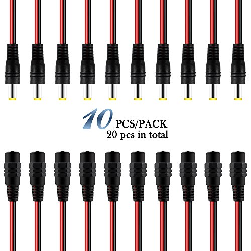 AFUNTA New 10pack 10 inch(30cm) 2.1 x 5.5mm DC Power Pigtail Female + 2.1 x 5.5mm DC Power Pigtail Male