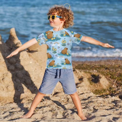 ALAZA Kids Rash Guard Boys Toddler Swim Shirts Short Sleeve Duck Capybara Lovely UPF 50+ 3T4