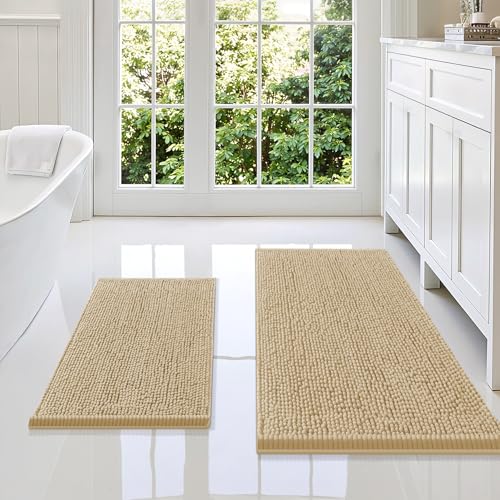 Image of Smiry Bathroom Rugs Sets 2 Piece, Soft Absorbent Chenille Machine Washable Non Slip Shaggy Bath Rug Set for Tub, Shower, and Floor (36x24+24x16, Beige)