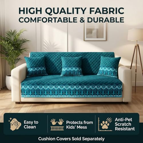 Image of KINGLY Sofa Cover 4 Seater Fully Covered | Stretchable Anti-Slip Slipcover | Washable Furniture Protector | Teal Blue | Set of 2 | Seat & Back |