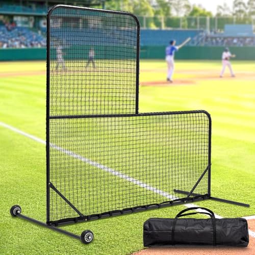 L Screen Baseball Net for Batting Cage, 7x7 ft, Baseball Pitching Net with Portable Wheels, Body Protector for Back Drive Lines Beisbol