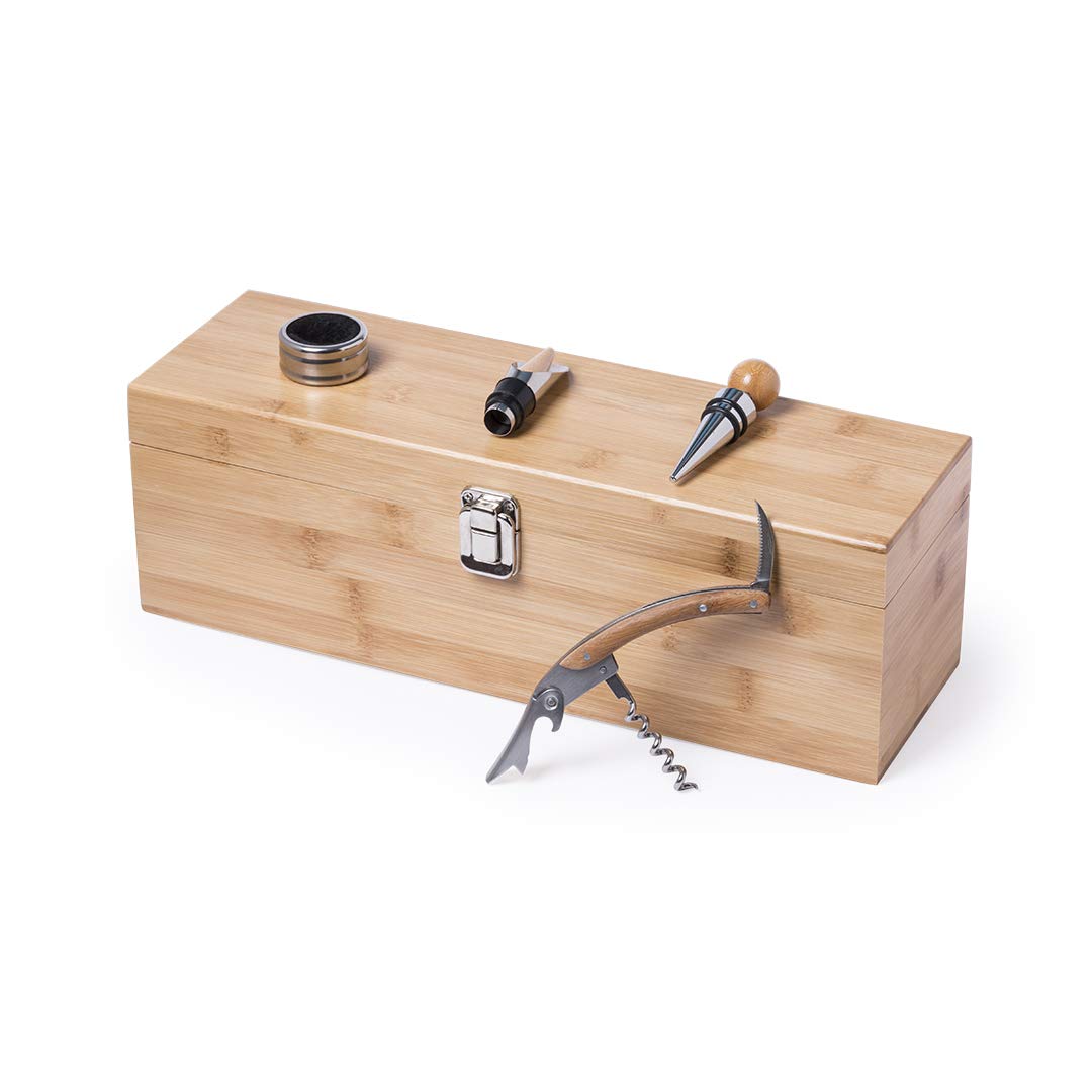Set de Vinos en Caja de Madera. Caja regalo para Botella de Vino. Kit Utensilios para Amantes del Vino. Sacacorchos.