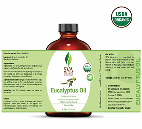 Sva Organics Eucalyptus Essential Oil Organic 4 Oz Usda With Dropper 100% Pure Natural Undiluted Premium Therapeutic Grade Oil For Diffuser, Aromatherapy, Face, Body & Hair Care #TOP1
