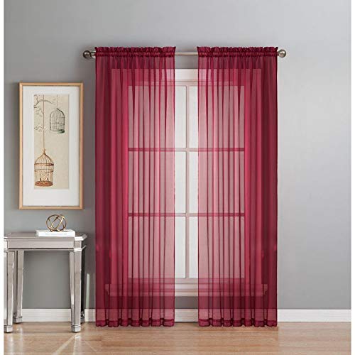 Bedding Haus 2Pc Sheer Voile Curtain Of Double-Panels Set (A Pair Set), Home Window Decoration Treatment For Living Room, Solid Color, Decorative Sheer Panels (Sheer, 63", Burgundy) #TOP1
