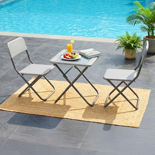 Image of DEVOKO Foldable 3-Piece Outdoor Patio Wicker Furniture Set with Glass Top Table, All-Weather HDPE Rattan, Rustproof Metal Frame for Garden, Balcony & Lawn (Silver Grey)