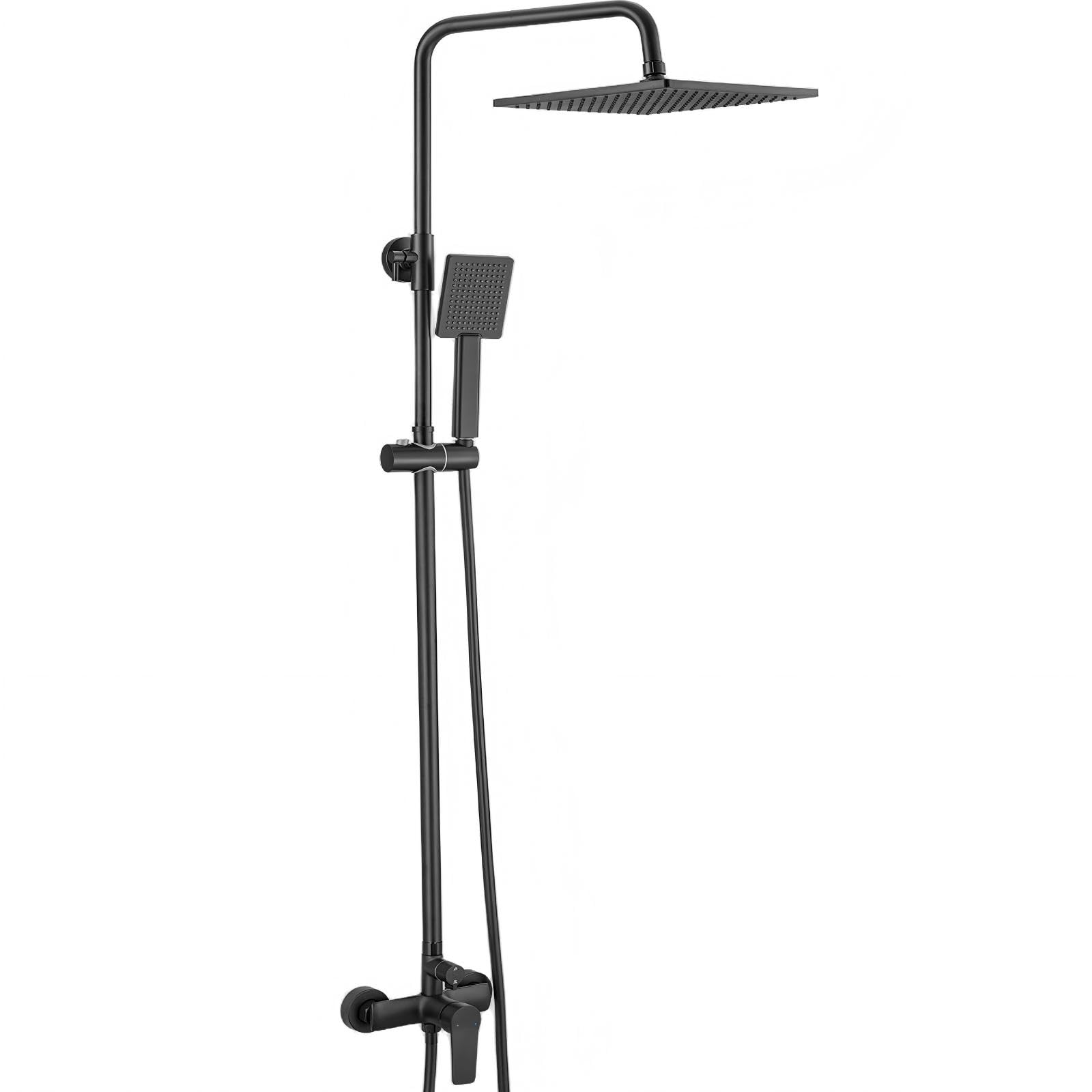 Auralum Duscharmatur Komplettset, Messing Duscharmatur Duschsystem Schwarz, Duschset Regendusche Schwarz mit Regendusche Duschkopf und Handbrause, Dusche Komplett für Badzimmer Höhenverstellbar Stange