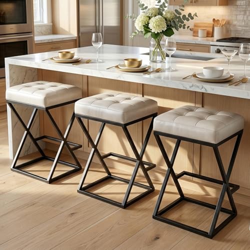 Image of Bar Stools Set of 3, 26 Inch Counter Height Faux Leather Cream White | Backless Counter Stools Upholstered Seat, X-Frame Metal Legs, Footrest, Mid-Century Modern for Kitchen Island Home Bar