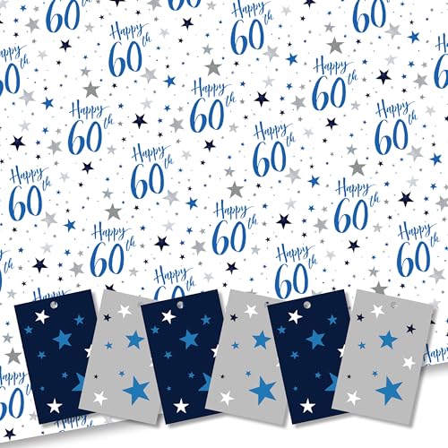 Happy 60th Birthday Gift Wrap. 5 XL Sheets (50 x 70cm). Wrapping Paper with matching Gift Tags. Cutting grid on reverse. Made in Britain.