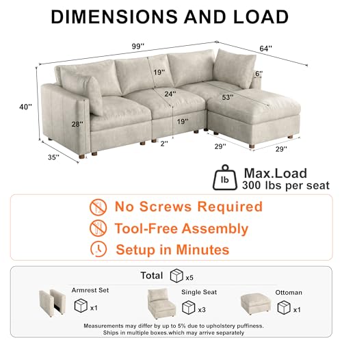 Image of 99'' Faux Leather Modular Sectional Sofa with Storage, Oversized Mid Century Modern Leather Sectional Couche for Living Room, 3 Seater Deep Seat Couch with Storage Ottoman, L-Shaped, Beige