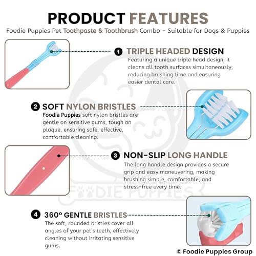 Image of Foodie Puppies Pet Dental /Oral Care Combo of Toothbrush and Toothpaste - (Triplehead Toothbrush + Chicken Toothpaste, 100g) | Removing Bad Breath, Tartar Dental Care Cleaning Combo