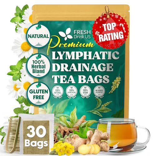 Image of FreshDrinkUS, Lymphatic Drainage Tea | 30 Tea Bags | Herbal Tea Bags with Ginger, Dandelion Root, Burdock Root, Mullein, Calendula, Lemongrass, Rose, Licorice & Tulsi - Caffeine-Free Herbal Blend