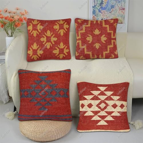 Housse de coussin Kilim tissée main en laine et jute, lot de 4 déco bohème 45x45 cm