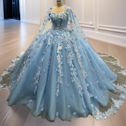 Mouccy Princess 3D Flowers Quinceanera Dresses with Cape Off Shoulder Lace Sweet 16 Dresses Tulle Puffy Vestidos De 15 Aos4