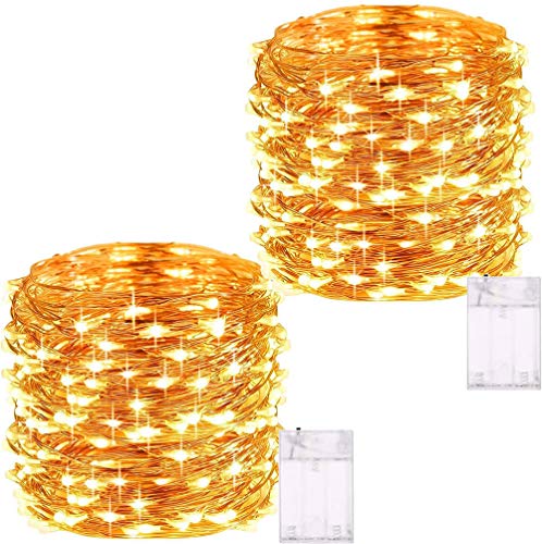 Ventdest Guirnalda Luces Pilas, Luces LED Pilas [2 Pack] 10M 100LED, Cadena de Luces LED para Navidad, Decoración Interior, Bodas, Dormitorio, Hogar, Fiesta (Blanco Cálido, Alambre de Cobre)