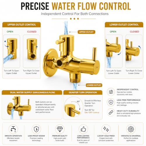 Image of ZAP Turbo Series 2-in-1 Brass Angle Valve with Wall Flange and Teflon Tape | Gold Finish Quarter Turn Dual Control Tap for Jet Spray, Geyser and Basin Tap Connection