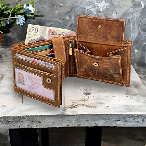 Personalised Custom Engraved RFID Blocking Wallet for Men - Genuine Distressed Leather Coin Pocket Wallet - Customised Gift for Dad, Boyfriend, or Husband (Brown, Text Engraved)3