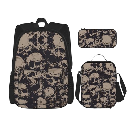 nanger Cool Retro Skull Graphics Print 3-Piece Set Backpack, Lunch Bag And Pencil Case, For Travel, College, And Daily Use