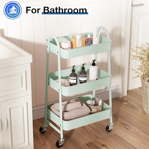 Image of OLIXIS Metal Utility Cart, Mobile Rolling Storage Shelf with Lockable Caster Wheels, Organization for Livingroom, Bathroom & Narrow Places, 3 Tiers Green