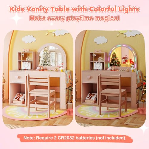 Image of HONEY JOY Kids Vanity with Lights and Open Bookshelf, Princess Makeup Dressing Desk, Storage Cabinet, Wooden Pretend Play Toddler Vanity Table & Chair Set with Lighted Mirror for Little Girls (Pink)