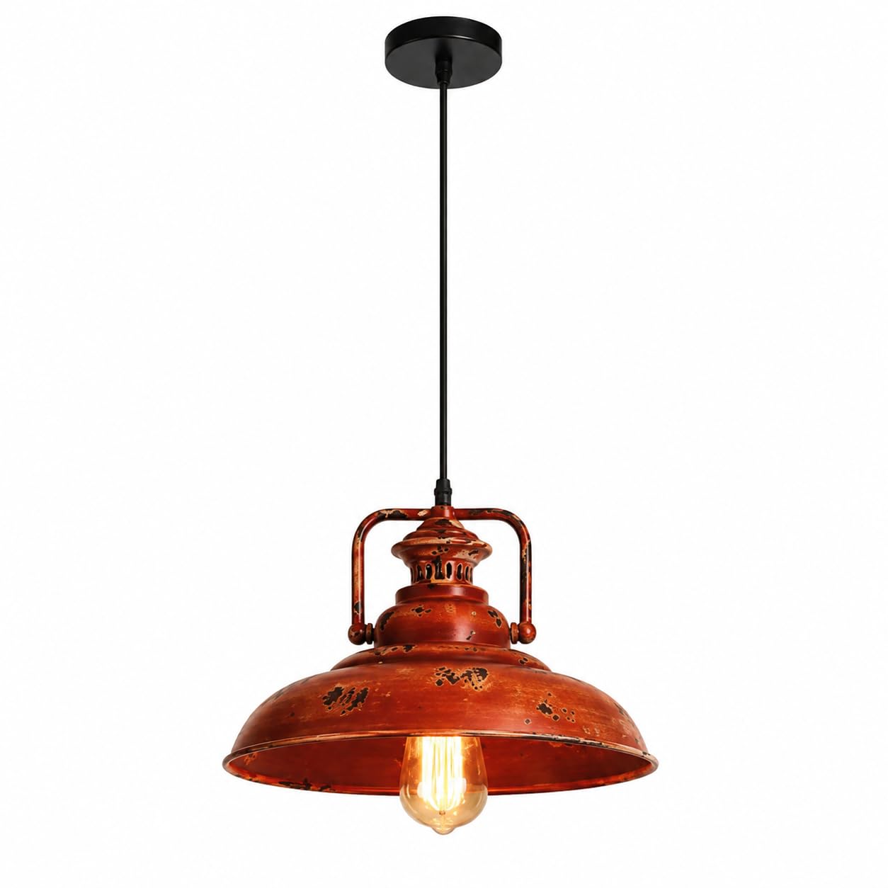 Rustykalna czerwona lampa wisząca z postarzanym metalowym kloszem, E26/E27