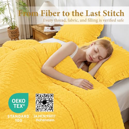Image of JOLLYVOGUE Pumpkin Yellow Queen Comforter Set,3pcs Seersucker Bed Set | OEKO-TEX Certified, All Season, Down Alternative Fill, Lightweight Bedding Set with Ruffle Comforter & Pillowshams, Easy Care