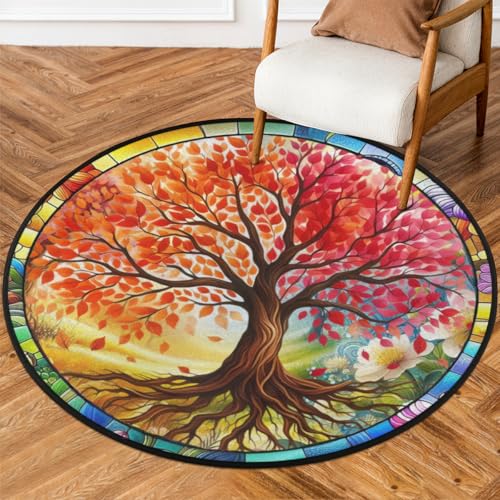 Round Rug 3ft Tree of Life Flower Indoor Circle Area Circle Rugs Washable Non-Slip Bedside Indoor Doormat for Living Room Bedroom Playroom Nursery Room Decor Carpet Mat Splat Mat for High Chair