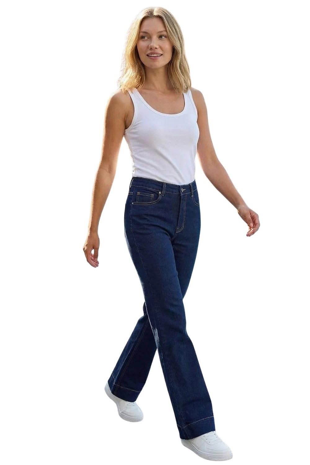 Roman Originals Women's Indigo Flared Cotton Jeans For Uk - Stretchy Trousers Bootleg Bootcut High Waist Office Casual Work Tapered Narrow Boho Flattering Bottoms - Size 14