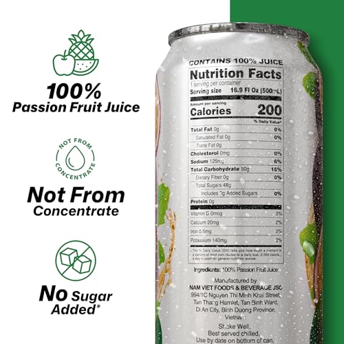 Image of VINUT 100% Passion Fruit Juice, No Added Sugar, Not From Concentrate, 16.9 fl oz (500 mL) Can, Pack of 6