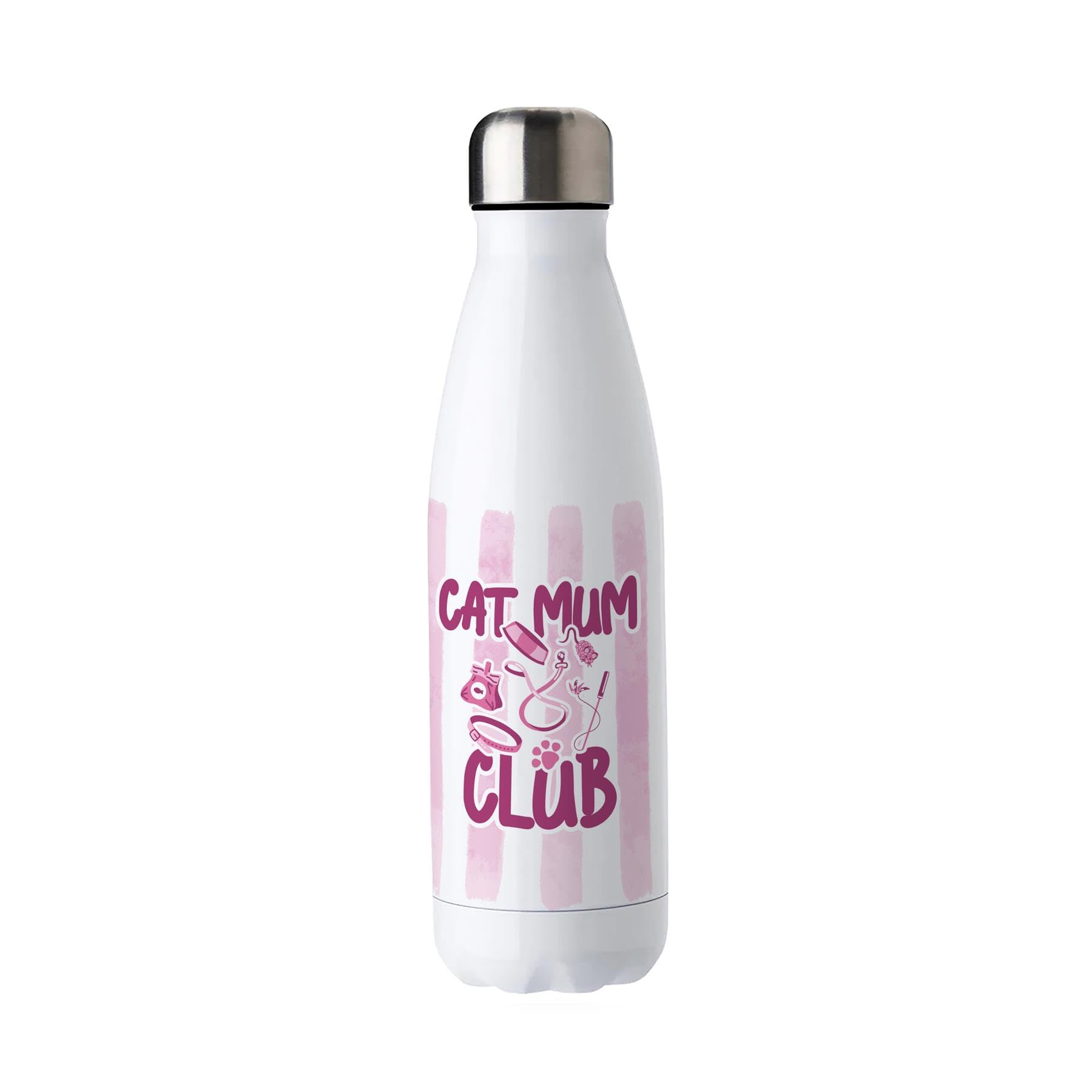 Purely Home Cat Mum Club Metal Water Bottle - Pink Double Walled 500ml Hot/Cold Drinks Bottle, Cat Owner Gifts