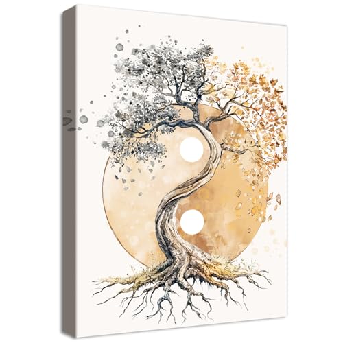 HALFLEMART Cadre en Bois Impression sur Toile Arbre de Vie Yin Yang Tableau Image sur Toile Affiche Bouddhisme Zen Beige Tableau Decoration Murale Salon...