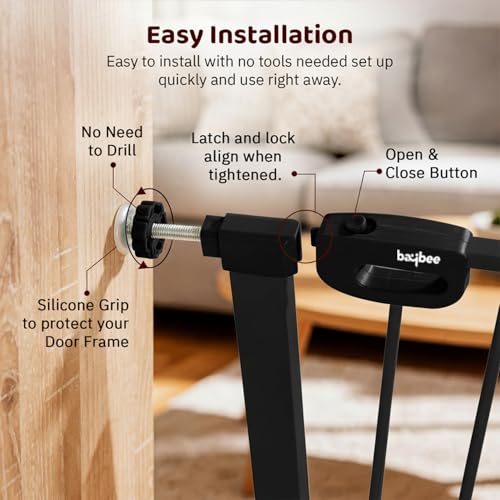 Image of Baybee Baby Safety Gate for Door & Stairs 75-105 cm | No Drill Auto-Close Safety Gate for Kids & Pets | 180 Wide Opening Door Safety Gate | Adjustable Baby & Dog Gate Barrier for Home (Black)