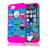 iPhone 5S Case, iPhone 5 Case Case Loca Hybrid Impact Shockproof Cover Hard Armor Shell and Soft Silicone Skin Layer With Stylus Pen (Owl Branches Pink)