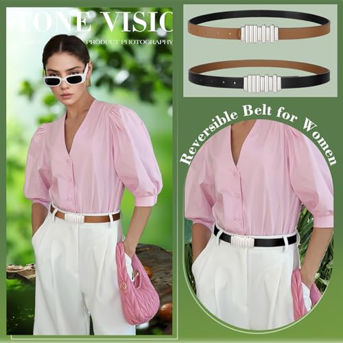 SANSTHS Skinny Reversible Belts for Women, Two-in-one Women Thin Belt for Dresses Jeans Pants with Gold Buckle